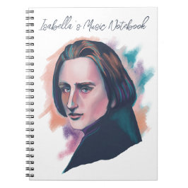 Farbporträt von Liszt mit Wasserfarben und individ Notizblock