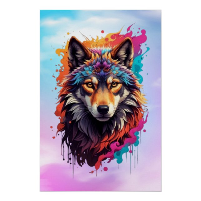 Farbporträt Wolf Abstract Animal Art-87694 Poster (Vorderseite)