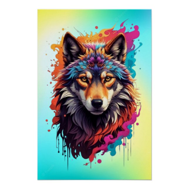 Farbporträt Wolf Abstractes Tier Kunst-87694 Poster (Vorderseite)