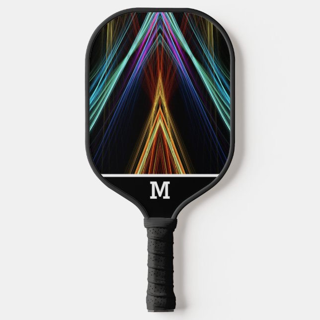 Farbpyramide mit lebendigen Strahlen und Monogramm Pickleball Schläger (Vorderseite)