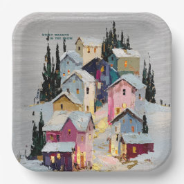 Farbreiches Winterdorf Schnee mit Impasto-Technik Pappteller