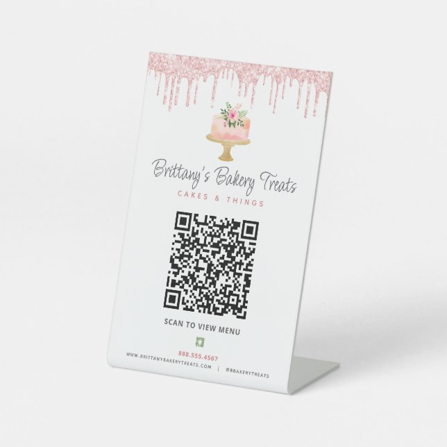 Farbrosa Bäckerei QR Code Scan Menü Glitzer Kuchen Sockelschild (Vorderseite)