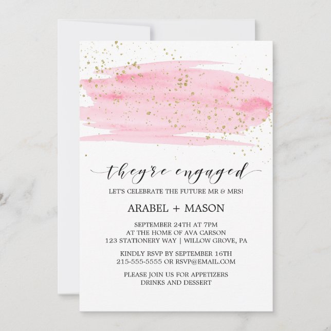 Farbrosa Blush und Gold-Engagement Party Einladung (Vorderseite)