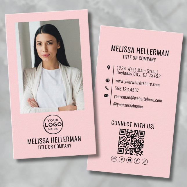 Farbrosa Minimalistisches Foto QR-Logo-Logo Vertik Visitenkarte (Blush Pink Minimalist Photo QR Code Logo Vertical Business Card)