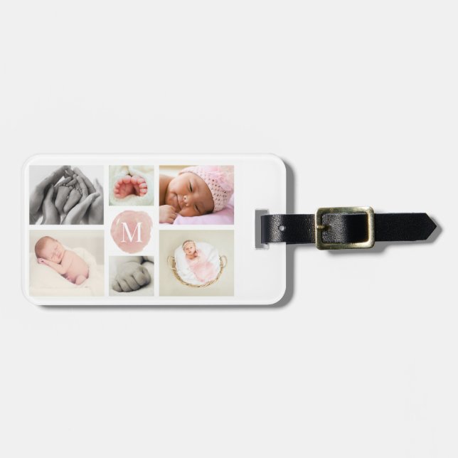 Farbrosa Monogramm Foto Collage Girl Gepäckanhänger (Vorderseite horizontal)