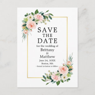 Farbrosa Rosen Gold Rahmen Save the Date Postkarte