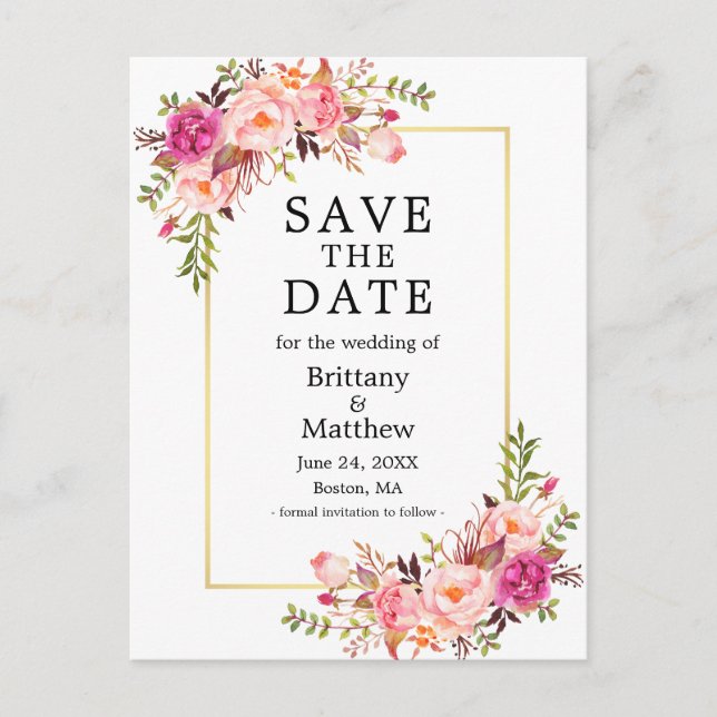 Farbrosa Rosen Gold Rahmen Save the Date Postkarte (Vorderseite)