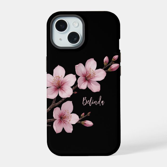 Farbrosa Schwarzer Kirschblossom Monogramm iPhone 15 Hülle (Rückseite)