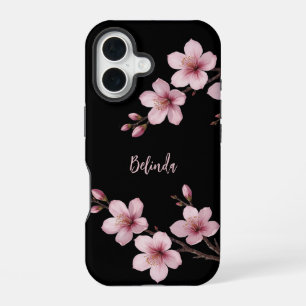 Farbrosa Schwarzer Kirschblossom Monogramm iPhone 16 Hülle