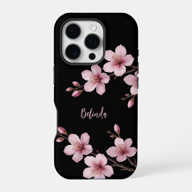 Farbrosa Schwarzer Kirschblossom Monogramm iPhone Hülle (Rückseite)