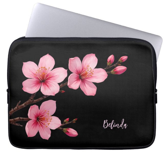 Farbrosa Schwarzer Kirschblossom Monogramm Laptopschutzhülle (Vorderseite)