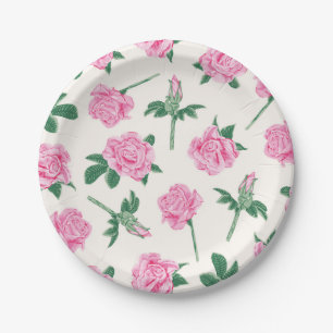 Farbrosa und grüne Rose Pappteller