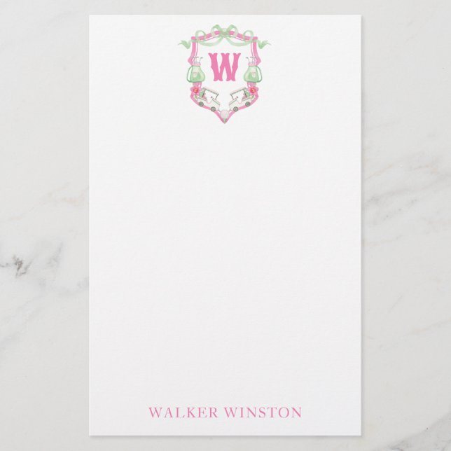 Farbrosa und grüner Golfkart Monogram Wappen Briefpapier (Vorderseite)