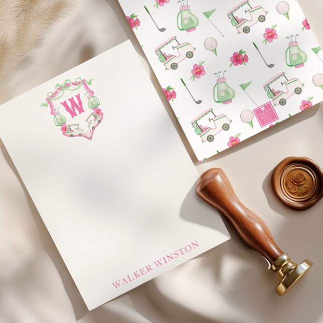 Farbrosa und grüner Golfkart Monogram Wappen Dankeskarte (Von Creator hochgeladen)