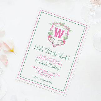 Farbrosa und grüner Golfkart Monogram Wappen Einladung