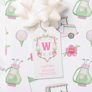 Farbrosa und grüner Golfkart Monogram Wappen Geschenkanhänger