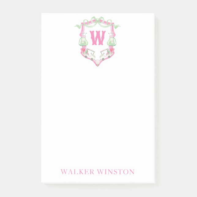 Farbrosa und grüner Golfkart Monogram Wappen Post-it Klebezettel (Vorderseite)