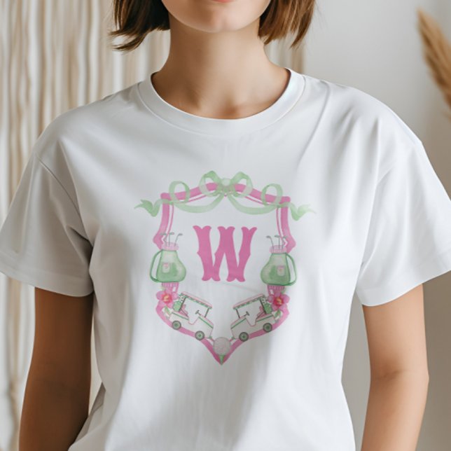 Farbrosa und grüner Golfkart Monogram Wappen T-Shirt (Von Creator hochgeladen)