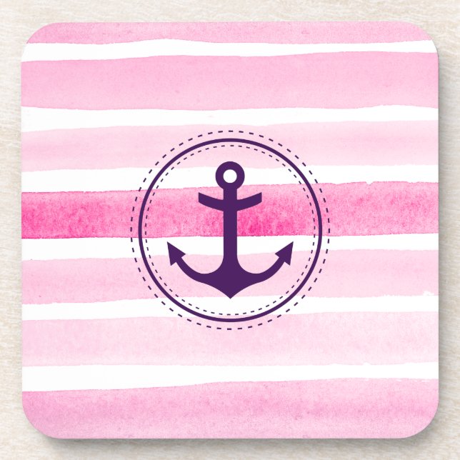 Farbrosa, weiße Wasserfarben Muster und Anker Getränkeuntersetzer (Vorderseite)