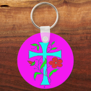 Farbrötung pink mit rot-blauem Kreuz der Blume Schlüsselanhänger