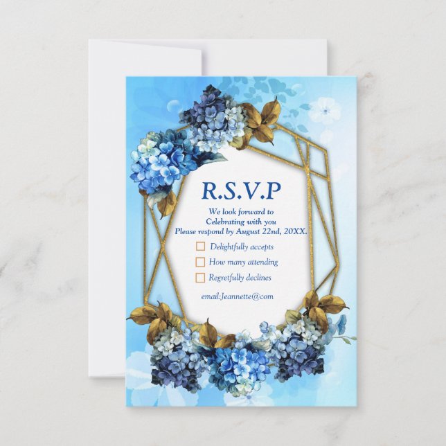 Farbschattierungen von Blue Watercolor Hydrangeas RSVP Karte (Vorderseite)