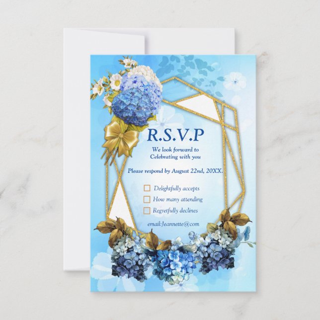Farbschattierungen von Blue Watercolor Hydrangeas RSVP Karte (Vorderseite)