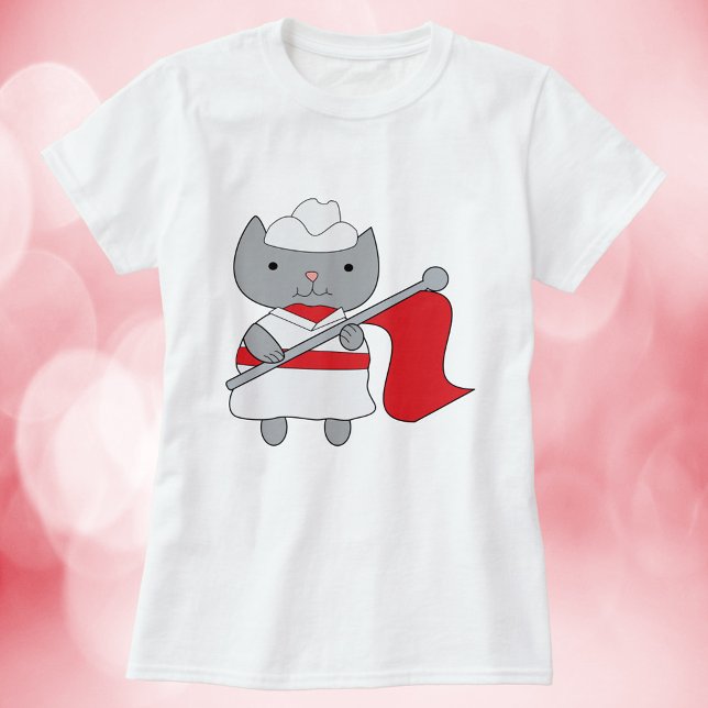Farbschutz Cat Red White T-Shirt (A fun shirt with a gray cat wearing a red and white color guard uniform.)