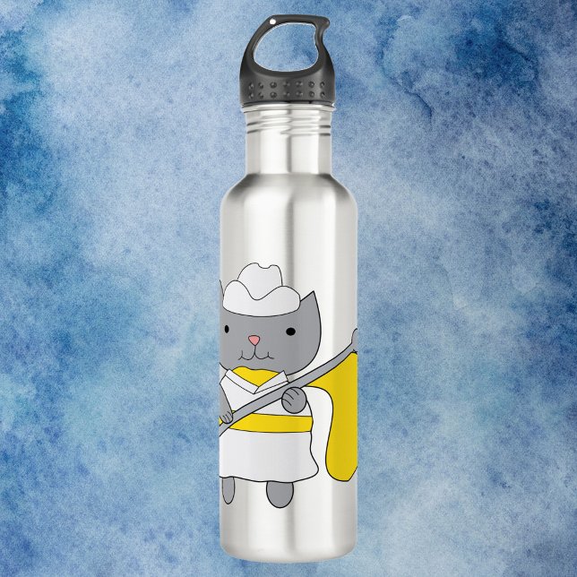Farbschutz der Katze Gelb Edelstahlflasche (A water bottle featuring a cat wearing a flag team uniform in yellow and white.)
