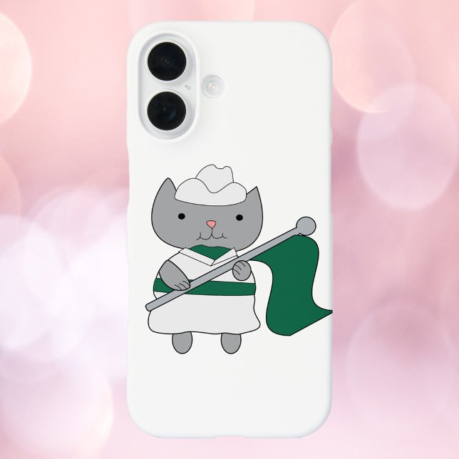 Farbschutz der Katze grün Case-Mate iPhone Hülle (A phone case with a gray cat wearing a green and white color guard uniform.)