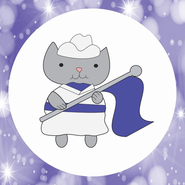 Farbschutz Katze blau weiß Runder Aufkleber (A cute sticker with a gray cat dressed in a blue and white color guard outfit.)