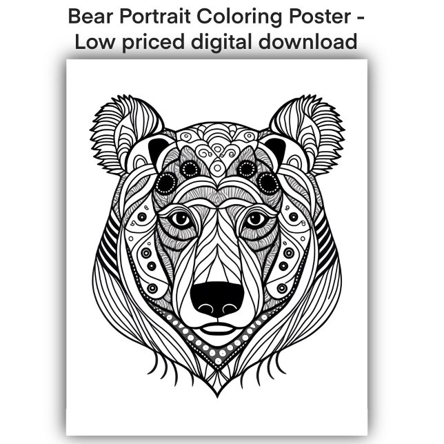Farbseite - Bärenportrait, Farbe für sich Poster (Image shows a stylized bear portrait as a coloring page available as a print or digital download)