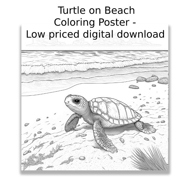 Farbseite - Schildkröte am Strand, Farbe für sich Poster (Image shows a drawing of a turtle on the beach, designed to be colored in by user.)