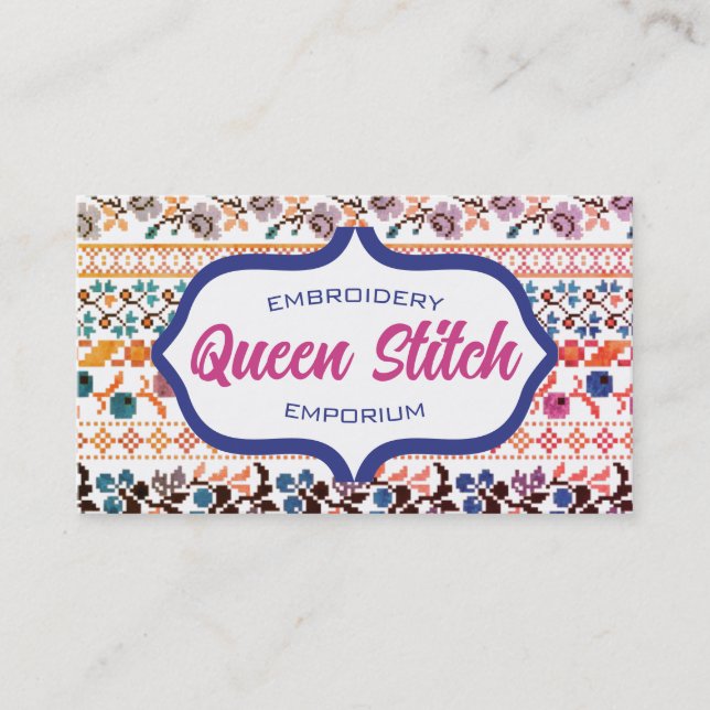 Farbstickerei für Pixel-Kreuz-Blume blau Visitenkarte (Vorderseite)