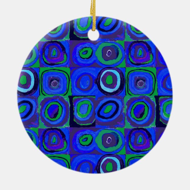 Farbstudien Quadrate Squares Blue Circles Keramik Ornament (Hinten)