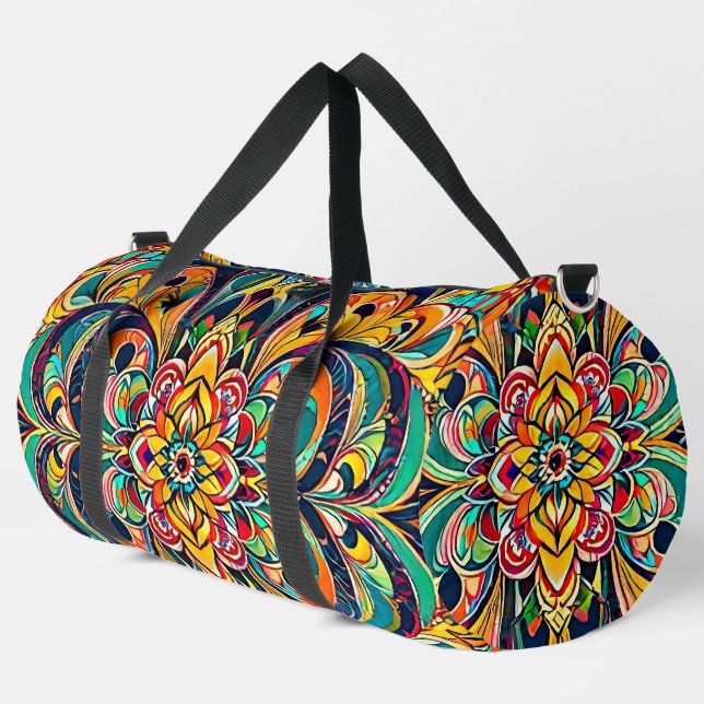 Farbsymphonie Mandala – Kräftige psychedelische Bl Duffle Bag (Linke Ecke)