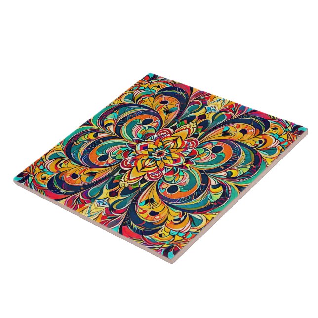 Farbsymphonie Mandala – Kräftige psychedelische Bl Fliese (Seite)