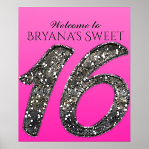 Farbton Rosa & Silber Glitter 16 Sechzehn Party Poster