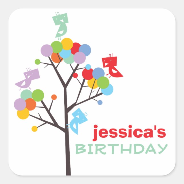 Farbtöne Niedliche Vögel Party Geschenkpapier Aufk Quadratischer Aufkleber (Vorderseite)