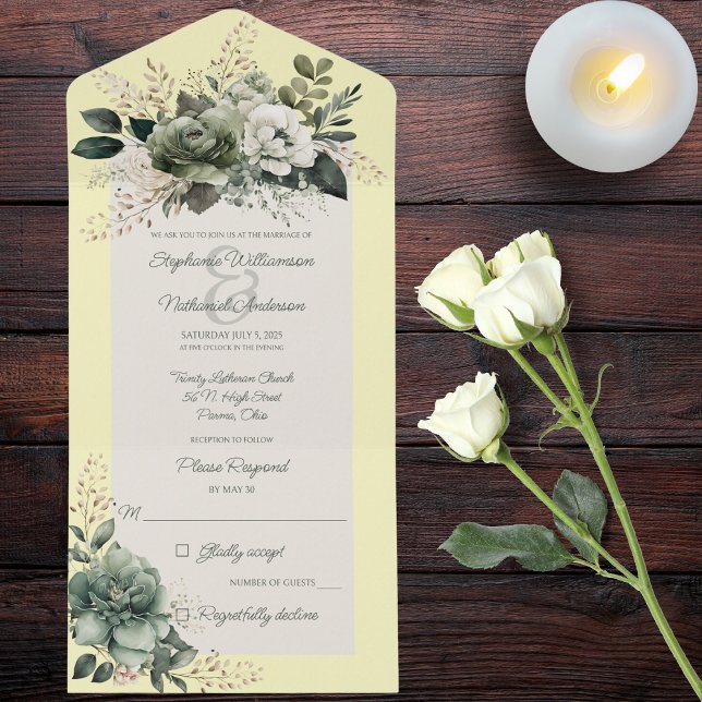 Farbtöne von grüner Blüte auf Gelb All In One Einladung (Also available with QR code. )