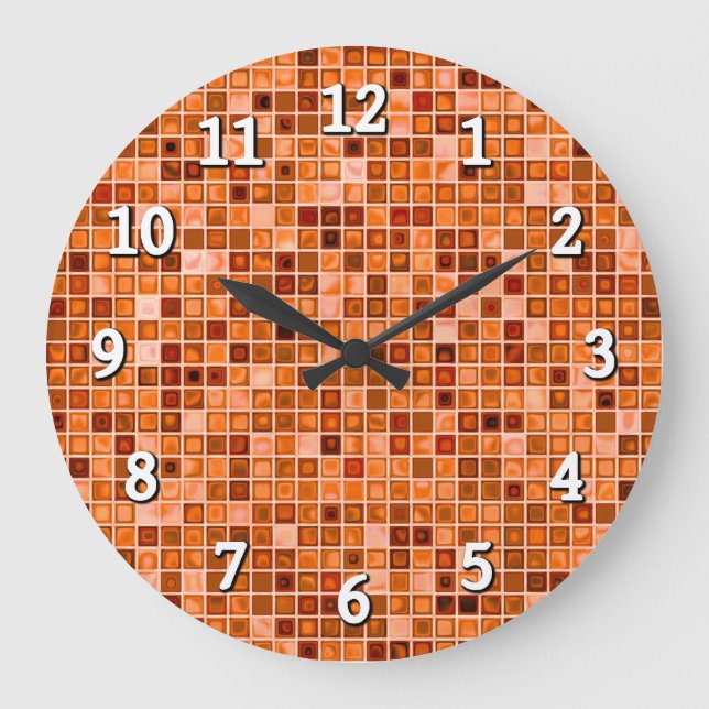 Farbtöne von Kupfer-Tan-Mosaikfliesen Große Wanduhr (Vorderseite)