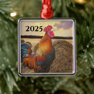 Farbvolle Crowing Rooster und Hay Bales Ornament Aus Metall