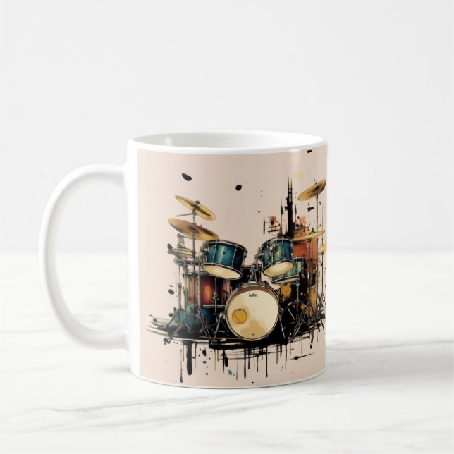 Farbvolle Trommelmaschine. Musikinstrument Kaffeetasse (Links)