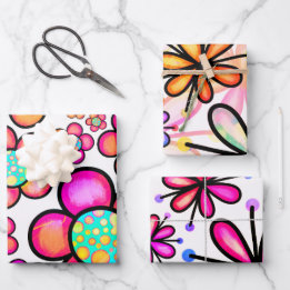 Farbvolles Muster der Doodle-Blume der 70er Jahre Geschenkpapier Set