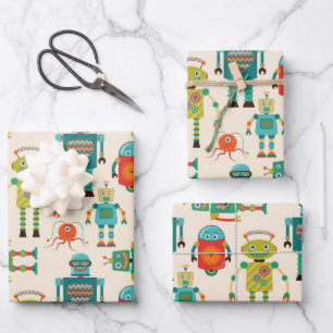 Farbvolles Muster für Retro-Roboter Geschenkpapier Set