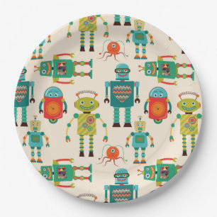 Farbvolles Muster für Retro-Roboter Pappteller