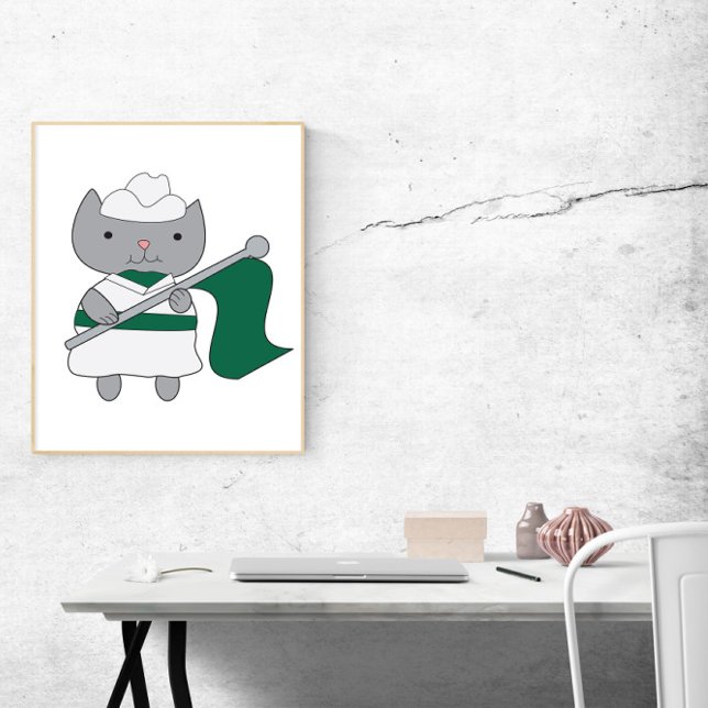 Farbwächter Katzengrün und Weiß Poster (A poster of a gray cat in a green and white color guard uniform with a green flag.)