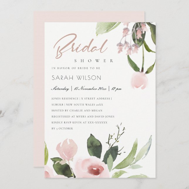 FARBWASCHEN BLUSPINK FLORAL BRAUTPARTY EINLADUNG (Vorne/Hinten)