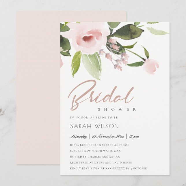 FARBWASCHEN BLUSPINK FLORAL BRAUTPARTY EINLADUNG (Vorne/Hinten)