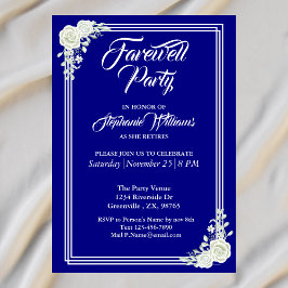 Farewell Elegantes Script Blue White Rose Party Einladung