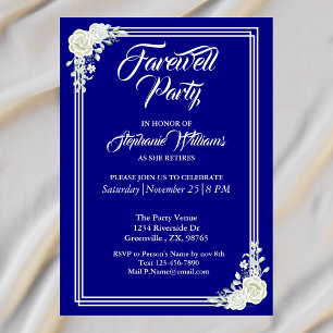 Farewell Elegantes Script Blue White Rose Party Einladung